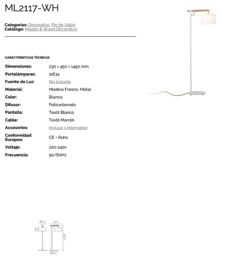 Características Lámpara de pie madera nórdica ML2117-WH - Ineslam