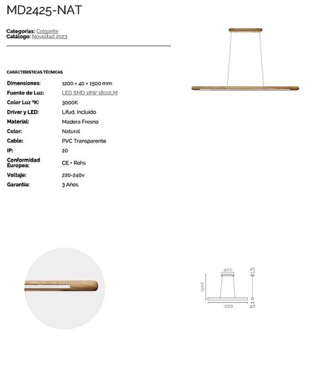 Características Lámpara de techo madera lineal LED MD2425-NAT - Ineslam