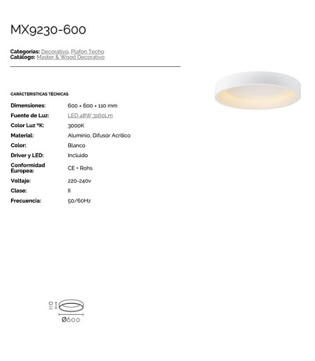 Características Plafón de techo MX9230-600 - Ineslam