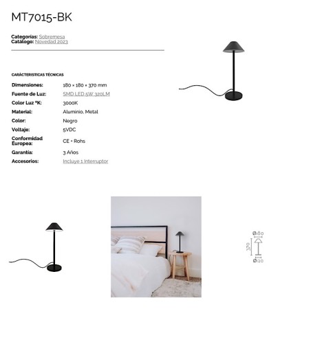 Características Lámpara de mesa negra LED MT7015-BK - Ineslam