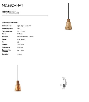 Características Lámpara de colgante de madera MD2450-NAT 1 de Ineslam