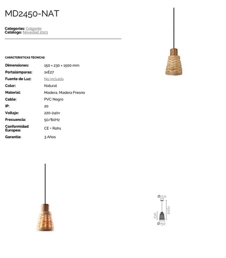 Características Lámpara de colgante de madera MD2450-NAT 1 de Ineslam