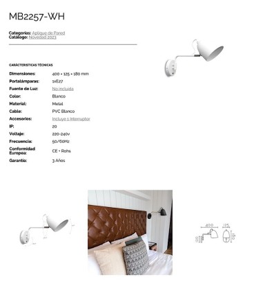 Características Aplique de pared MB2257-WH - Ineslam blanco articulado con interruptor