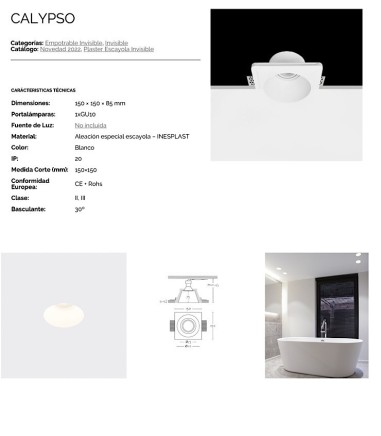 Características Foco empotrable invisible de escayola GU10 Calypso - Ineslam
