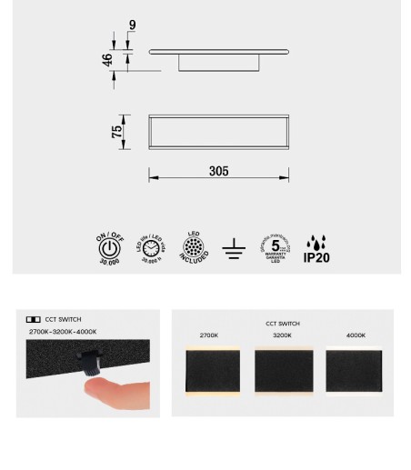 Dimensiones Aplique de pared Nelson CCT negro 16W - Mantra