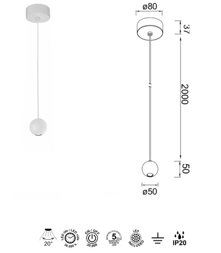 Lámpara colgante Gruissan blanco 8468 bola 5W - Mantra