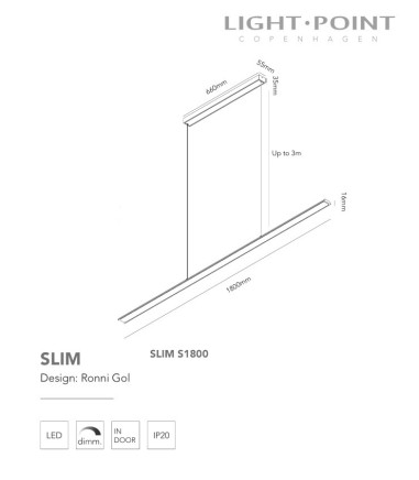 Dimensiones Lámpara Colgante Slim S1800 negro, blanco 180cm - LIGHT POINT