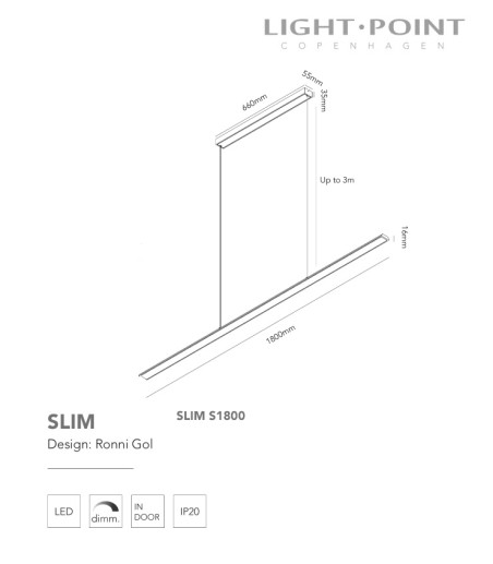 Dimensiones Lámpara Colgante Slim S1800 negro, blanco 180cm - LIGHT POINT
