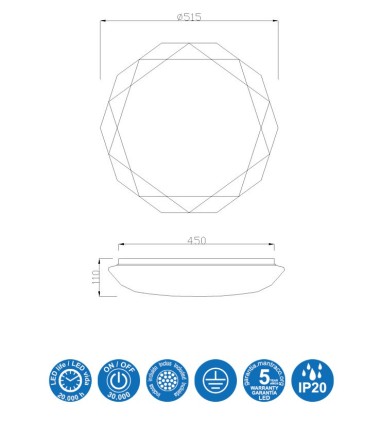 Características Plafón de techo DIAMANTE 54W Ø50 - Mantra