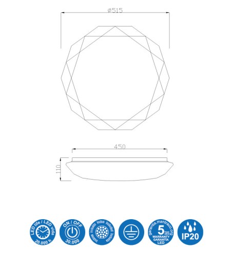 Características Plafón de techo DIAMANTE 54W Ø50 - Mantra