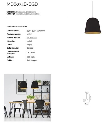 Características Lámpara de techo campana negro-dorado MD6074B-BGD - Ineslam