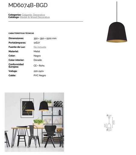 Características Lámpara de techo campana negro-dorado MD6074B-BGD - Ineslam