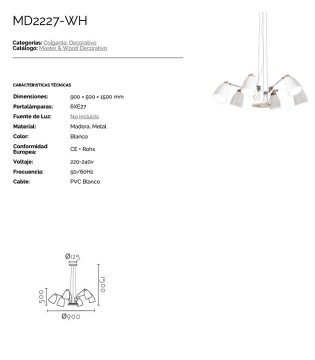 Lámpara de techo nórdica blanco-madera 6L Ø90 MD2227-WH - Ineslam 2