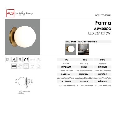 Características Aplique de pared Parma oro - ACB