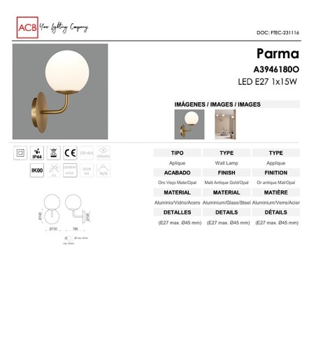 Características Aplique de pared Parma 1 oro con brazo  IP44 de ACB