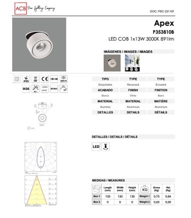 Características Foco empotrable orientable APEX - ACB