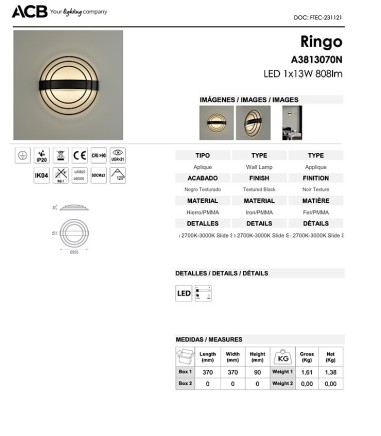 Características Aplique de pared Ringo negro LED 12.5W - ACB