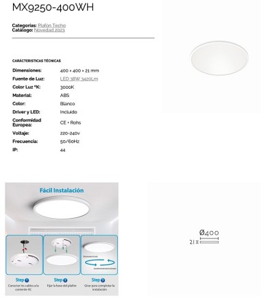 Características Plafón de techo blanco 40 cm LED Utraslim MX9250 IP44 - Ineslam
