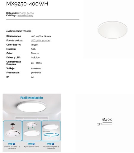 Características Plafón de techo blanco 40 cm LED Utraslim MX9250 IP44 - Ineslam