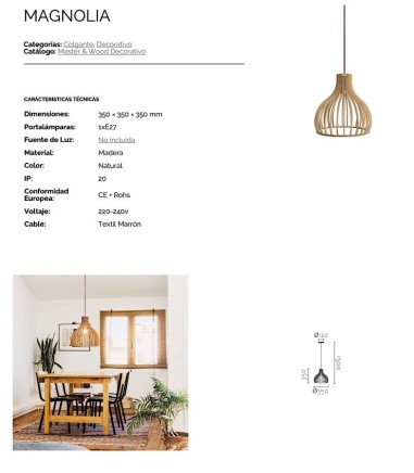 Características Lámpara techo madera colgante Magnolia Ø35 - Ineslam