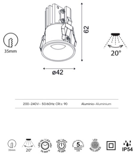 Mini foco empotrable LED Hurgada 7W IP54 - Mantra - Ø42