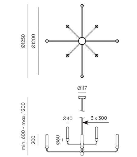 Dimensiones: Lámpara de techo Delie C1224/8 - Aromas
