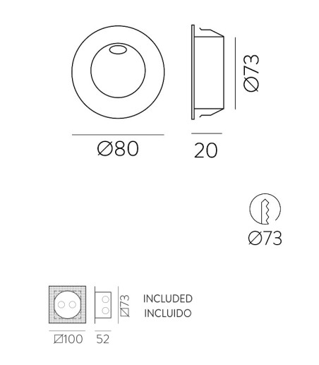 Dimensiones: Foco empotrable de pared REGAL 3W - ACB