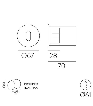 Dimensiones Foco empotrable de pared PAUL 3W - ACB