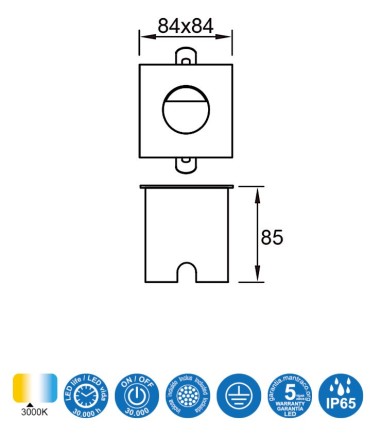 Características Foco Aspen 3W semi Cuadrado Señalizador IP65 Mantra