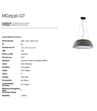 Características Lámpara de techo pantalla terciopelo gris oscuro MD2530-GT - Ineslam