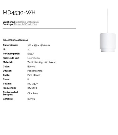 Cracterísticas: Lámpara de techo pantalla blanca MD4530-WH- Ineslam