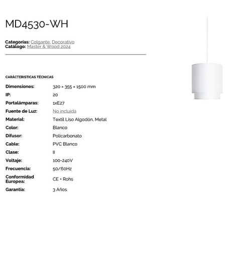 Cracterísticas: Lámpara de techo pantalla blanca MD4530-WH- Ineslam