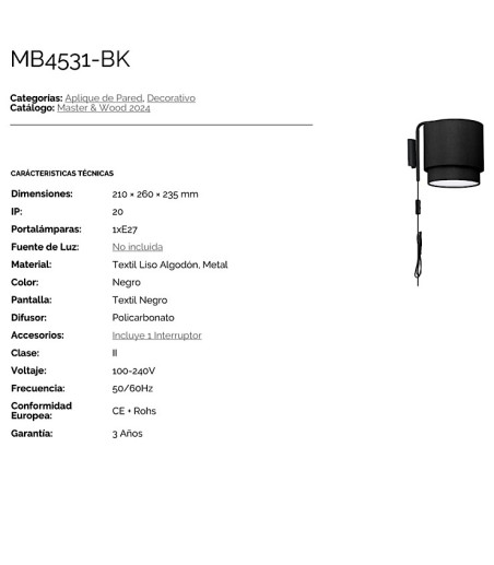 Características Aplique pared con enchufe y pantalla negra MB4531-BK - Ineslam