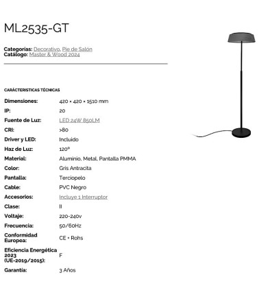 Características: Lámpara de pie con pantalla terciopelo gris ML2535-GT - Ineslam
