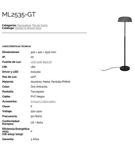 Características: Lámpara de pie con pantalla terciopelo gris ML2535-GT - Ineslam
