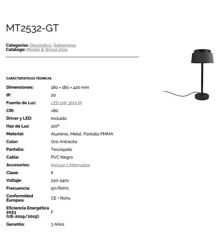 Lámpara de mesa con pantalla gris oscuro MT2532-GT