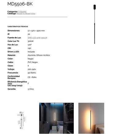 Características: Lámpara colgante negra luz Indirecta MD5506-BK - Ineslam