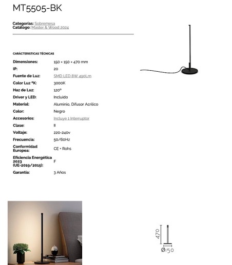 Características: Lámpara de mesa luz indirecta MT5505-BK - Ineslam
