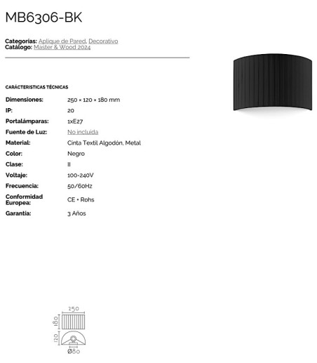 Características del aplique de pared pantalla Plisada negro MB6306-BK - Ineslam