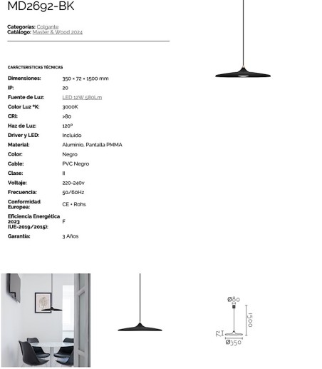 Características de la lámpara de techo campana fina metal negra MD2692-BK - Ineslam