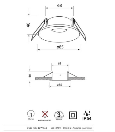 Características foco empotrable GU10 Tavira  redondo IP54 Ø85 - Mantra