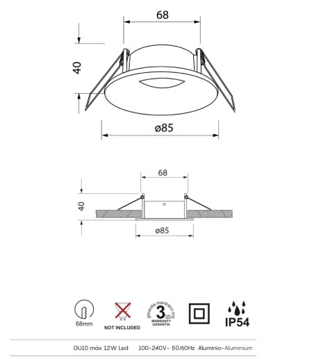 Características foco empotrable GU10 Tavira  redondo IP54 Ø85 - Mantra