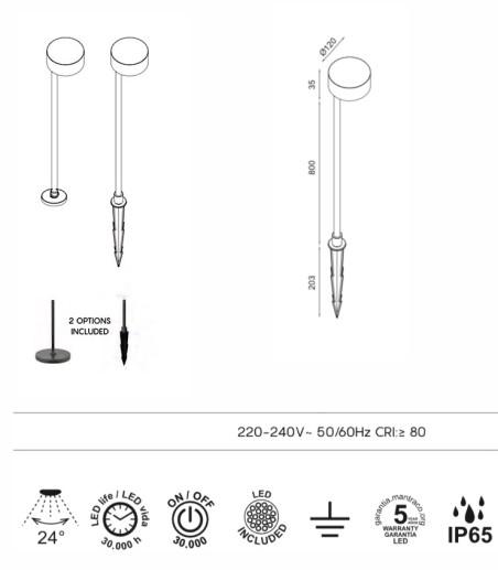 Dimensiones Piqueta exterior Nagano LED - Mantra