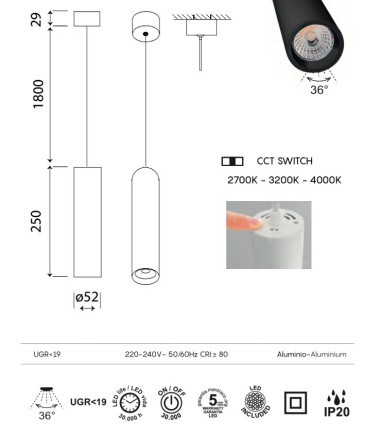 Colgante cilíndrico Bolonia LED CCT -...