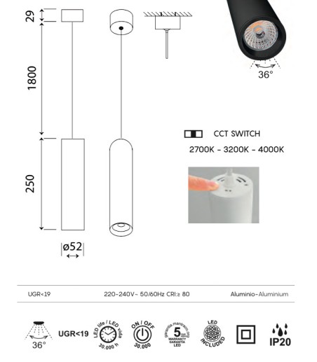 Colgante cilíndrico Bolonia LED CCT - Mantra