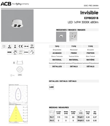 Características foco empotrable Invisible circular blanco LED 9W - ACB
