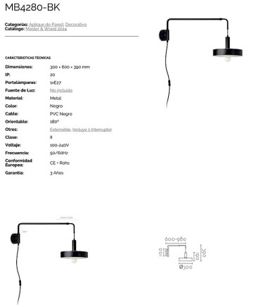Ficha técnica Aplique negro brazo articulado con enchufe MB4275-BK -Ineslam