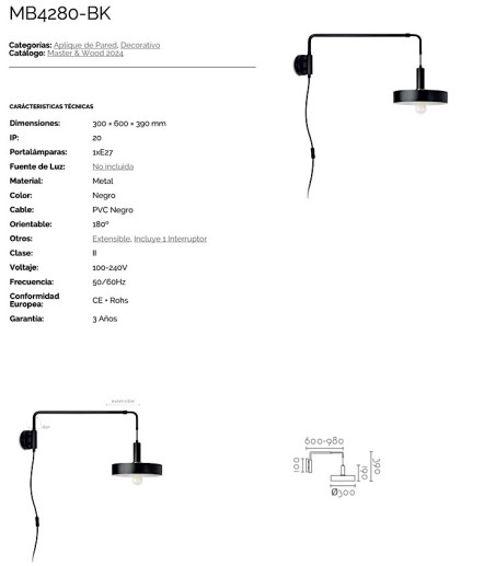 Ficha técnica Aplique negro brazo articulado con enchufe MB4275-BK -Ineslam