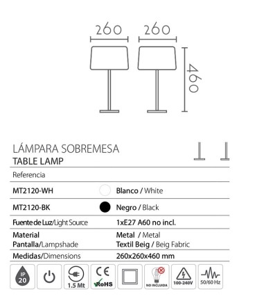 Características Lámpara mesita de noche con pantalla MT2120 - Ineslam