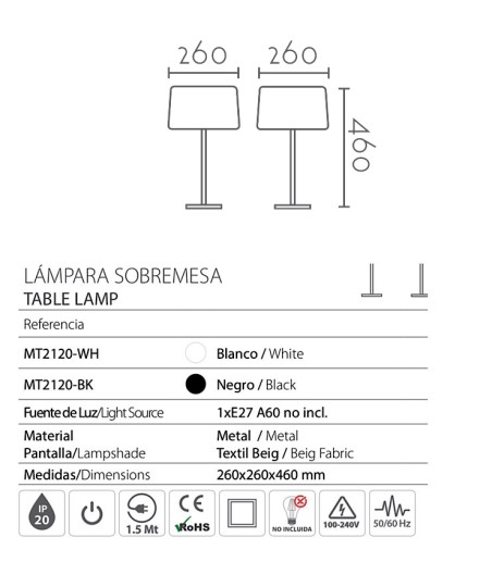 Características Lámpara mesita de noche con pantalla MT2120 - Ineslam
